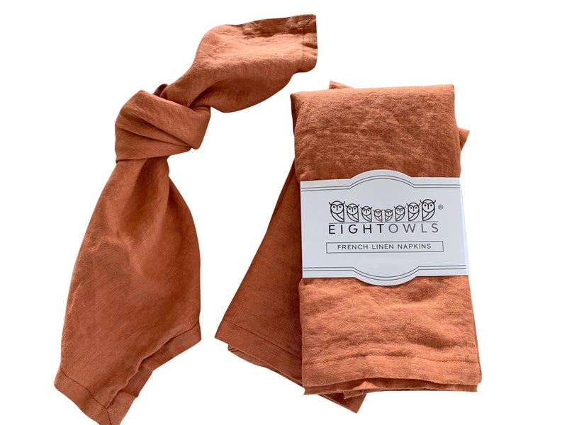 Eight Owls Linen Napkins â€“100% French Flax â€“ Stonewashed Pure Linen Cloth Napkins - Size 18 Inch x 18 Inch â€“ Set of 4 (Rustic Orange) - Image 1